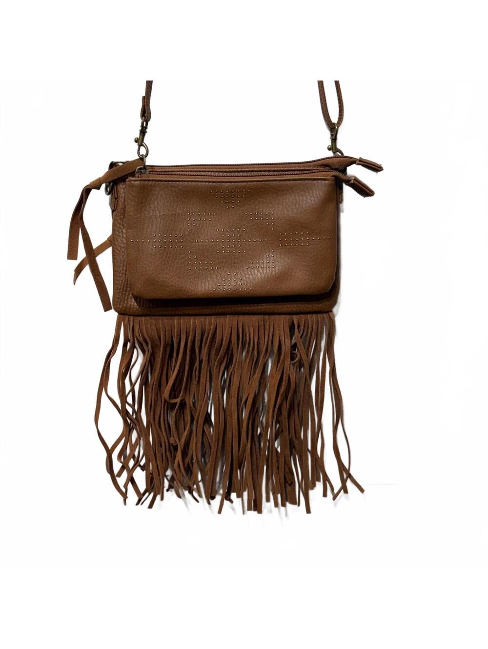 Mudd Brown Studded Fringe Crossbody Bag